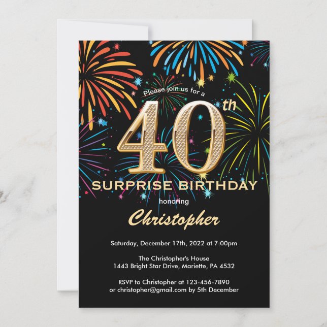Überraschung 40. Geburtstag Black Gold Regenbogen  Einladung (Vorderseite)