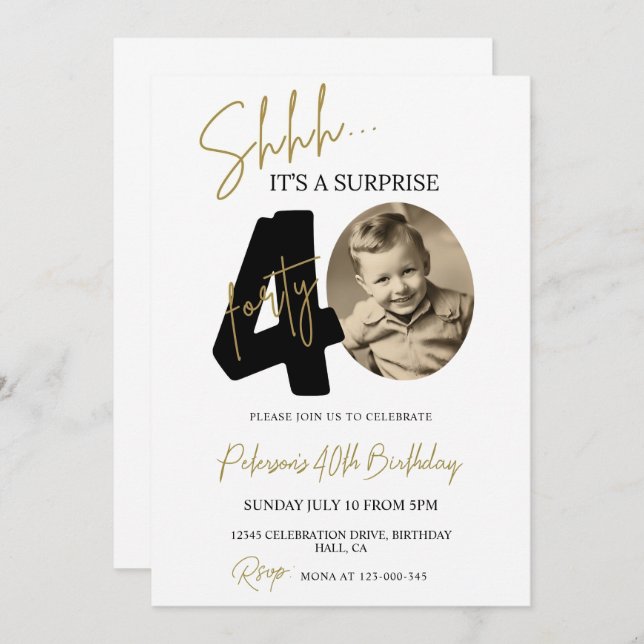 Überraschung 40. Geburtstag Einladung Foto Erwachs (Vorne/Hinten)