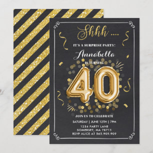 Überraschung 40. Geburtstag Einladung Gold Chalkbo