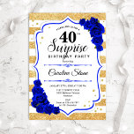 Überraschung 40. Geburtstag - Gold White Royal Blu Einladung<br><div class="desc">Überraschung 40. Geburtstag Einladung. Weibliches,  königsblaues Design mit Imitaten Glitzer Gold. Features Streifen,  saphir blauen Rose,  Skript-Schriftart und Konfetti. Ideal für eine elegante Geburtstagsfeier. Kann personalisiert sein,  jedes Alter zu zeigen. Nachricht,  wenn Sie weitere Anpassungen benötigen.</div>
