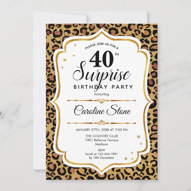 Überraschung 40. Geburtstag - Leopard Gold White Einladung (Vorderseite)