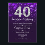Überraschung 40. Geburtstag - Lila Silber Einladung<br><div class="desc">Überraschung 40. Geburtstag Einladung. Elegantes lila Design mit Imitaten Glitzer Silber. Erwachsener Geburtstag. Enthält Diamanten,  Bokeh-Leuchten und Skript-Schriftart. Männer oder Frauen laden ein. Ideal für eine stilvolle Geburtstagsfeier. Nachricht,  wenn Sie weitere Anpassungen benötigen.</div>