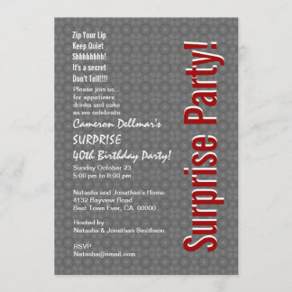 ÜBERRASCHUNG 40. Geburtstag Modernes Grau und Rot  Einladung