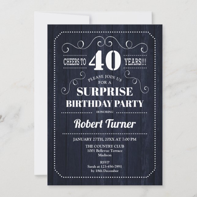 Überraschung 40. Geburtstag - Navy Blue Wood Patte Einladung (Vorderseite)