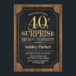 Überraschung 40. Geburtstag Party - Holz Gold Einladung<br><div class="desc">Rustikale Überraschung 40. Geburtstag Feier Einladung. Elegantes Design in Schwarz und Imitat Glitzer Gold und dunkelbraunes Holzmuster. Funktioniert mit elegantem Script-Schriftart. Wenn Sie weitere Anpassungen benötigen</div>