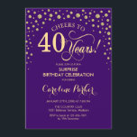 Überraschung 40. Geburtstag Party - Lila Gold Einladung<br><div class="desc">Überraschung 40. Geburtstag Party Einladung. Elegantes Design in königlichen lila und Imitate Glitzer Gold . Enthält Skript-Schriftart und Diamanten Konfetti. Feiert bis 40 Jahre! Nachricht,  wenn Sie weitere Anpassungen benötigen.</div>