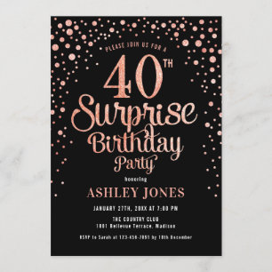 Überraschung 40. Geburtstag Party - Schwarz & Rose Einladung