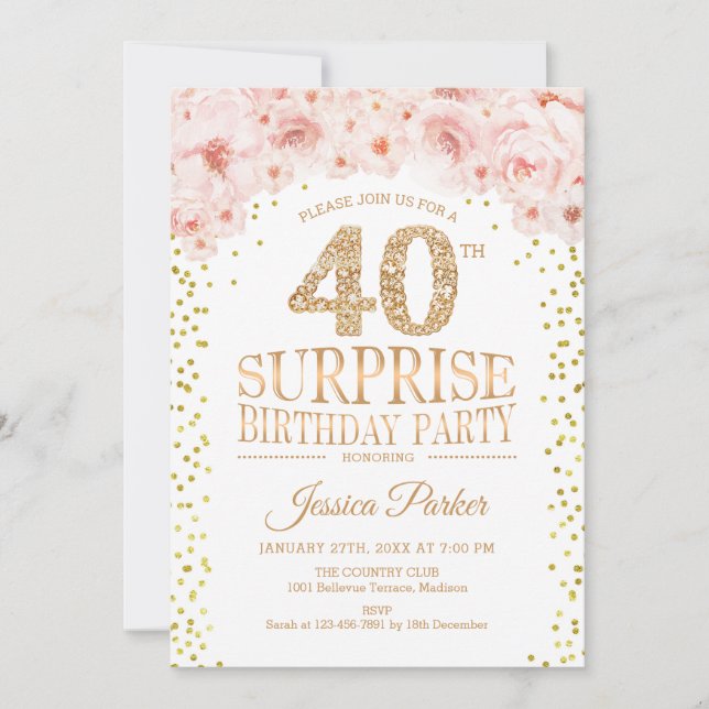 Überraschung 40. Geburtstag Party - Weißes Gold Ro Einladung (Vorderseite)