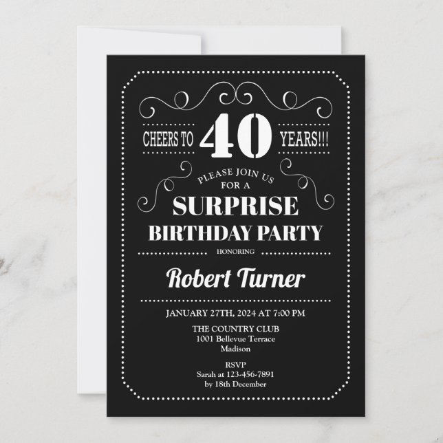 Überraschung 40. Geburtstag - Schwarz-weiß Einladung (Vorderseite)