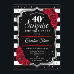 Überraschung 40. Geburtstag - Schwarz-weiß Red Einladung<br><div class="desc">Überraschung 40. Geburtstag Einladung. Weibliches Schwarz,  Weiß,  Rot-Design mit Imitaten Glitzer Silber. Enthält schwarz-weiße Streifen,  rote Rosen,  Skript-Schriftart und Konfetti. Ideal für eine elegante Geburtstagsfeier. Kann personalisiert sein,  jedes Alter zu zeigen. Nachricht,  wenn Sie weitere Anpassungen benötigen.</div>