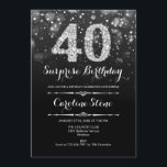 Überraschung 40. Geburtstag - Schwarzes Silber Einladung<br><div class="desc">Überraschung 40. Geburtstag Einladung. Elegantes Schwarz-weißes Design mit Imitaten Glitzer Silber. Erwachsener Geburtstag. Mit Diamanten und Drehbuch Schriftart. Männer oder Frauen laden ein. Ideal für eine stilvolle Geburtstagsfeier. Nachricht,  wenn Sie weitere Anpassungen benötigen.</div>