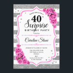Überraschung 40. Geburtstag - Silberweißes Rosa Einladung<br><div class="desc">Überraschung 40. Geburtstag Einladung. Weiblich,  rosa Design mit Imitaten Glitzer Silber. Enthält Streifen,  Rosen in Rosa rot,  Schriftart und Konfetti. Ideal für eine elegante Geburtstagsfeier. Kann personalisiert sein,  jedes Alter zu zeigen. Nachricht,  wenn Sie weitere Anpassungen benötigen.</div>