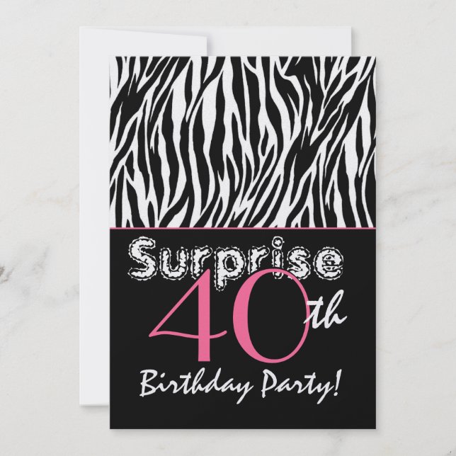 ÜBERRASCHUNG 40. Geburtstag Zebrastreifen Schwarz- Einladung (Vorderseite)
