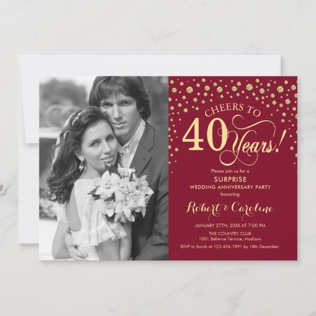 Überraschung 40 Jahre Jubiläum mit Foto Red Gold Einladung (Vorderseite)