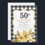Überraschung 50. Buffalo Kariert Gelbe Blume Gebur Einladung<br><div class="desc">Dieses lustige Design ist perfekt für Ihre Geburtstagsfeier. Dieses Design zeichnet sich durch einen Büffel-karierten Hintergrund,  gelbe Aquarellfarben-Blume und benutzerdefinierte Typografie aus.</div>