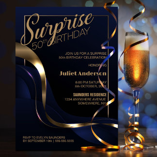 Überraschung 50. Geburtstag Blue Gold Party Einlad Einladung