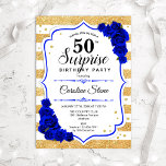 Überraschung 50. Geburtstag - Gold White Royal Blu Einladung<br><div class="desc">Überraschung 50. Geburtstag Einladung. Weibliches,  königsblaues Design mit Imitaten Glitzer Gold. Features Streifen,  saphir blauen Rose,  Skript-Schriftart und Konfetti. Ideal für eine elegante Geburtstagsfeier. Kann personalisiert sein,  jedes Alter zu zeigen. Nachricht,  wenn Sie weitere Anpassungen benötigen.</div>