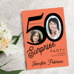 Überraschung 50. Geburtstag hellorangefarbenes Fot Einladung<br><div class="desc">Trendy kühnen Typografie 50. Geburtstag Überraschung Party Einladung mit 2 Fotos und moderne Retro-Stil Skript. Einfach mit Text und Bildern personalisieren.     Digitaler Download verfügbar, </div>