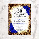 Überraschung 50. Geburtstag - Leopard Gold Royal B Einladung<br><div class="desc">Überraschung 50. Geburtstag Einladung. Weiblich königsblaues,  weißes Design mit Imitaten Glitzer Gold. Features Tier Leopard Geparden Geparden,  saphir blauen Rose,  Skript-Schriftart und Konfetti. Ideal für eine elegante Geburtstagsfeier. Kann personalisiert sein,  jedes Alter zu zeigen. Nachricht,  wenn Sie weitere Anpassungen benötigen.</div>