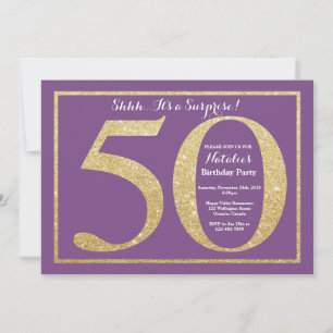 Überraschung 50. Geburtstag Lila und Gold Glitzer Einladung