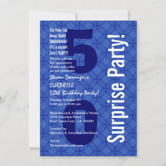 ÜBERRASCHUNG 50. Geburtstag Modernes Blau und Weiß Einladung