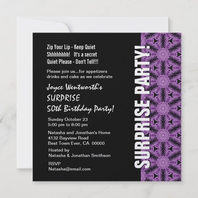 ÜBERRASCHUNG 50. Geburtstag Modernes Schwarzes Lil Einladung (Vorderseite)
