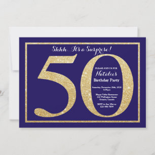 Überraschung 50. Geburtstag Navy Blau und Gold Gli Einladung