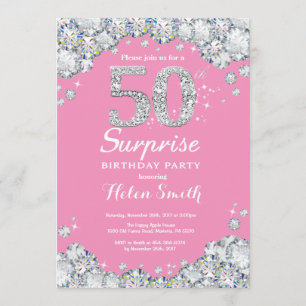 Überraschung 50. Geburtstag Pink und Silver Diamon Einladung