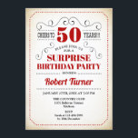 Überraschung 50. Geburtstag - Rotes Weiß Schwarz Einladung<br><div class="desc">Überraschung 50. Geburtstag Einladung Retro Design in rot Schwarz-weiß mit einem Vintagen cremigen Hintergrund. Bis 50 Jahre! Kann auch in jedes Jahr personalisiert werden.</div>