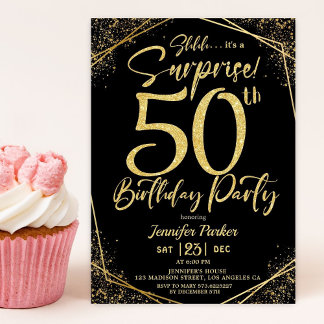 Überraschung 50. Geburtstagsparty Black & Gold Gli Einladung