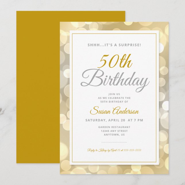 Überraschung 50. Geburtstagsparty | Gold Bokeh Einladung (Vorne/Hinten)