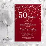 Überraschung 50. Geburtstagsparty - Red Silver Einladung<br><div class="desc">Überraschung 50. Geburtstagsparty Einladung. Elegantes Design in dunkelrot und Imitat Glitzer Silber. Enthält Skript-Schriftart und Diamanten Konfetti. Feiert bis 50 Jahre! Nachricht,  wenn Sie weitere Anpassungen benötigen.</div>