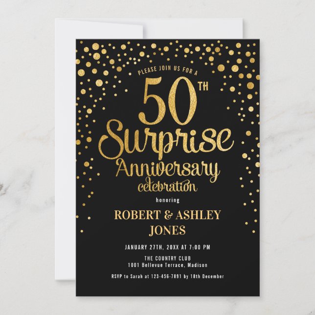 Überraschung 50. Hochzeitstag - Black & Gold Einladung (Vorderseite)
