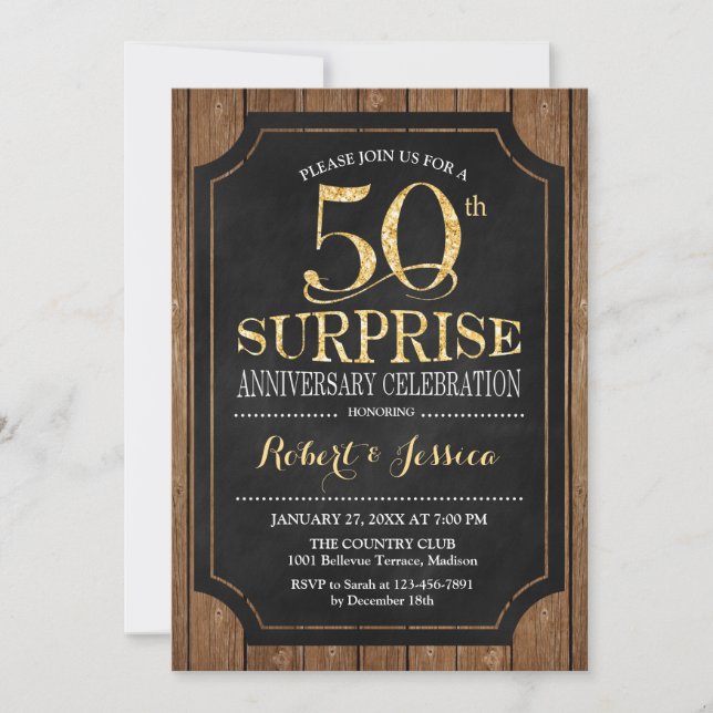 Überraschung 50. Hochzeitstag - Holz Gold Einladung (Vorderseite)