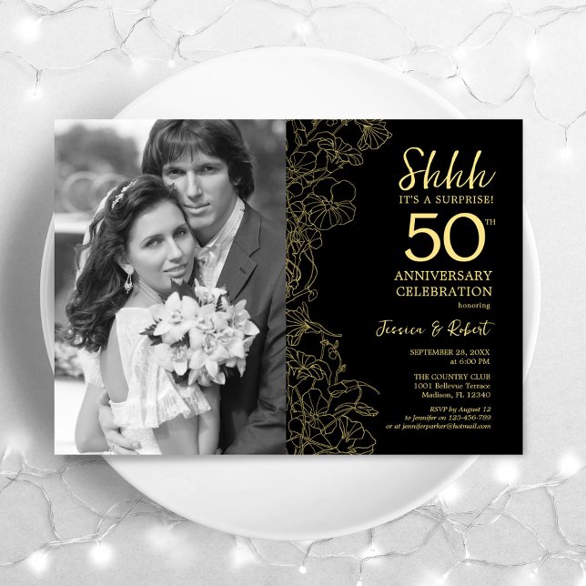 Überraschung 50 Jahre Jubiläum mit Foto Black Gold Einladung (Von Creator hochgeladen)