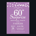 Überraschung 60. Geburtstag Einladung Lila Lavende<br><div class="desc">Überraschung 60. Geburtstag Einladung mit String Lights. Lila Lavender Lilac Hintergrund. Weibliche Lady Elegant Moderne. 13. 15. 16. 18. 20. 21. 30. 40. 50. 60. 70. 80. 90. 100. Jedes Alter. Für weitere Anpassungen klicken Sie bitte auf die Schaltfläche "Anpassen" und verwenden Sie unser Designwerkzeug, um diese Vorlage zu ändern....</div>