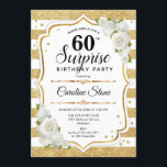 Überraschung 60. Geburtstag - Gold White Einladung<br><div class="desc">Überraschung 60. Geburtstag Einladung. Weibliches Design mit Imitaten Glitzer Gold. Features Streifen,  weiße Rosen,  Skript-Schriftart und Konfetti. Ideal für eine elegante Geburtstagsfeier. Kann personalisiert sein,  jedes Alter zu zeigen. Nachricht,  wenn Sie weitere Anpassungen benötigen.</div>