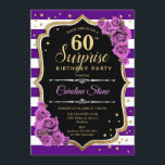 Überraschung 60. Geburtstag - Lila Gold Einladung<br><div class="desc">Überraschung 60. Geburtstag Einladung. Weiblich lila schwarzes Gold-Design mit Imitaten Glitzer Gold. Features Streifen,  lila Rose,  Skript-Schriftart und Konfetti. Ideal für eine elegante Geburtstagsfeier. Kann personalisiert sein,  jedes Alter zu zeigen. Nachricht,  wenn Sie weitere Anpassungen benötigen.</div>