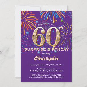 Überraschung 60. Geburtstag Lila und Gold Feuerwer Einladung