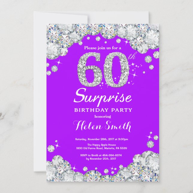 Überraschung 60. Geburtstag Lila und Silver Diamon Einladung (Vorderseite)
