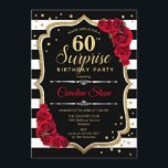 Überraschung 60. Geburtstag - Schwarz-weiß Red Einladung<br><div class="desc">Überraschung 60. Geburtstag Einladung. Weibliches Schwarz,  Weiß,  Rot-Design mit Imitaten Glitzer Gold. Enthält schwarz-weiße Streifen,  rote Rosen,  Skript-Schriftart und Konfetti. Ideal für eine elegante Geburtstagsfeier. Kann personalisiert sein,  jedes Alter zu zeigen. Nachricht,  wenn Sie weitere Anpassungen benötigen.</div>