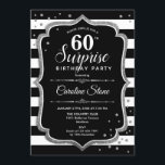 Überraschung 60. Geburtstag - Schwarz-weißes Silbe Einladung<br><div class="desc">Überraschung 60. Geburtstag Einladung. Klassisches Design mit schwarz-weiß Streifen,  Script-Schriftart und Glitzer Silber. Ideal für eine elegante Geburtstagsfeier. Kann personalisiert sein,  jedes Alter zu zeigen. Nachricht,  wenn Sie weitere Anpassungen benötigen.</div>