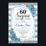 Überraschung 60. Geburtstag - Silver White Blue Einladung<br><div class="desc">Überraschung 60. Geburtstag Einladung. Weiß,  türkisblau,  blau und weiß mit Imitaten Glitzer silber. Features Streifen,  blassblaue Rose,  Skript-Schriftart und Konfetti. Ideal für eine elegante Geburtstagsfeier. Kann personalisiert sein,  jedes Alter zu zeigen. Nachricht,  wenn Sie weitere Anpassungen benötigen.</div>