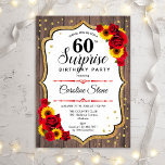 Überraschung 60. Geburtstag - Sonnenblumen Rustika Einladung<br><div class="desc">Überraschung 60. Geburtstag Einladung. Weibliche rustikale Schwarz,  Weiß,  Rot-Design mit Imitaten Glitzer Gold. Verfügt über Holzmuster,  rote Rosen,  Sonnenblumen,  Skript-Schriftart und Konfetti. Ideal für eine elegante Geburtstagsfeier. Kann personalisiert sein,  jedes Alter zu zeigen. Nachricht,  wenn Sie weitere Anpassungen benötigen.</div>