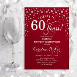 Überraschung 60. Geburtstagsparty - Red Silver Einladung<br><div class="desc">Überraschung 60. Geburtstagsparty Einladung. Elegantes Design in dunkelrot und Imitat Glitzer Silber. Enthält Skript-Schriftart und Diamanten Konfetti. Feiert bis 60 Jahre! Nachricht,  wenn Sie weitere Anpassungen benötigen.</div>