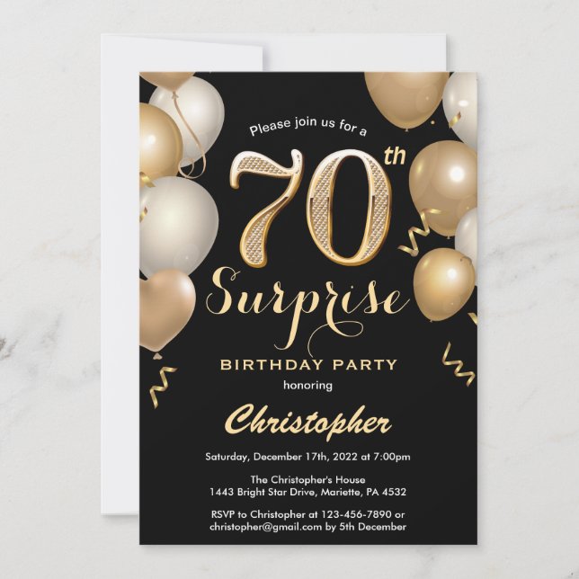 Überraschung 70. Geburtstag Black and Gold Ballons Einladung (Vorderseite)