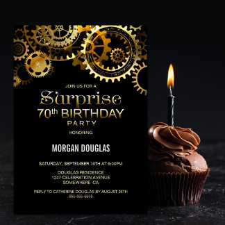 Überraschung 70. Geburtstag Black Gold Steampunk Einladung