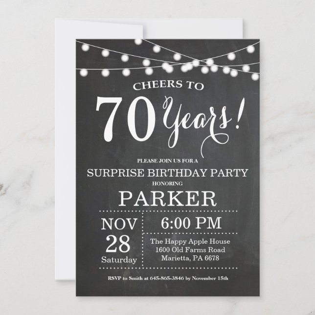 Überraschung 70. Geburtstag Einladung Chalkboard (Vorderseite)