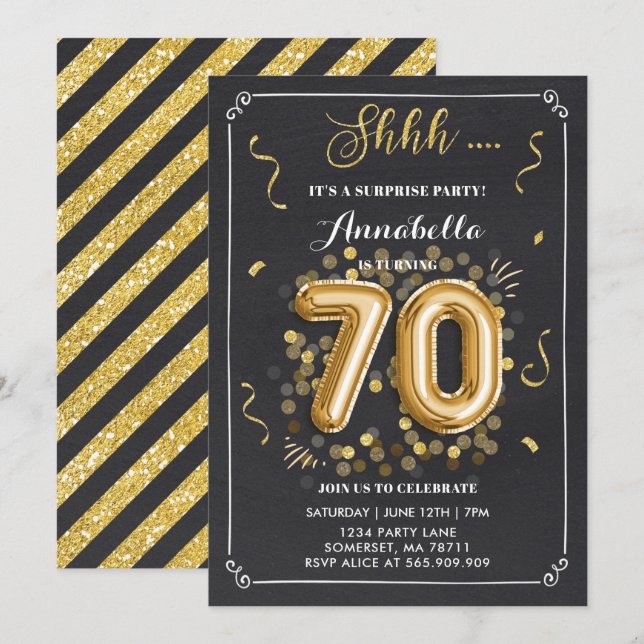 Überraschung 70. Geburtstag Einladung Gold Chalkbo (Vorne/Hinten)