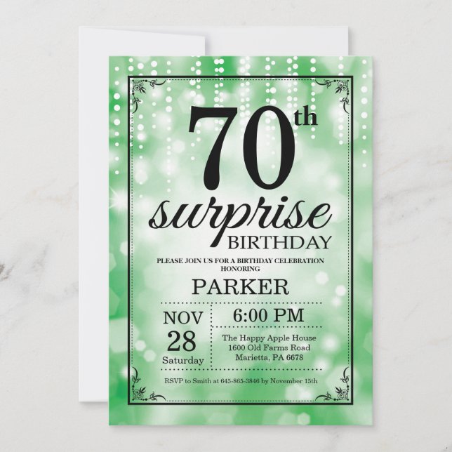 Überraschung 70. Geburtstag Einladung Grünen Glitz (Vorderseite)